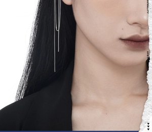 Vue détaillée de longues boucles d'oreilles à franges argentées sur mannequin