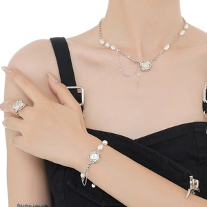 Baroque pearl pendant with liquid silver style necklace and bracelet set for women