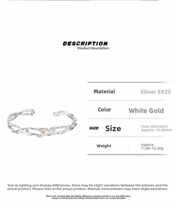 Detailed specs of S925 silver open bangle with irregular texture and white agate inlay