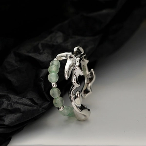 Bamboo-textured S925 silver ring with green aventurine beads and open adjustable band