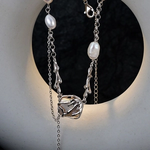 Baroque pearl pendant necklace in S925 sterling silver with artistic organic design
