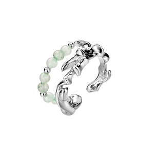 Bamboo style S925 silver double-ring with green jade bead and liquid metal texture