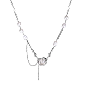 Baroque pearl pendant necklace in S925 sterling silver with artistic organic metal cage