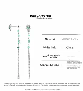 Detailed specs of S925 silver fringe earrings with green aventurine and long tassels
