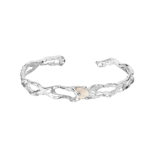 S925 sterling silver open bangle with white agate and textured lava metal surface