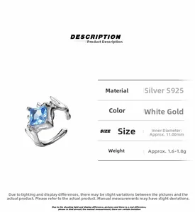 Detail view of S925 silver ear cuff with blue square zircon and product specifications