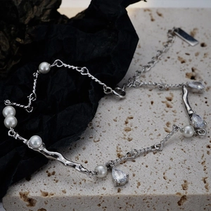 925 Sterling Zilveren Enkelbandje Voor Dames Schelpparel Zirkonia Waterdruppel Hanger Vloeibaar Metaal Stijl Verstelbaar Sieraden