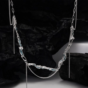 Collier en Argent Sterling 925 Métal Liquide pour Femme Bleu Menthe Émail Gland Chaîne Double Couche Collier de Clavicule Texture Fondue