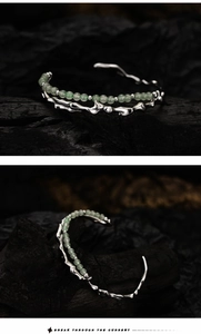 Detail of S925 silver bamboo bangle with green aventurine beads and wavy fluid texture