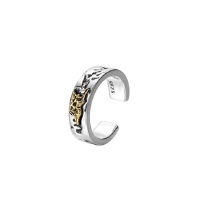Retro S925 sterling silver open ring with irregular rock texture and gold accent