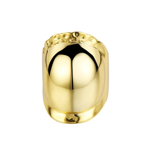 Minimalist wide polished gold ring with irregular textured edges on white background