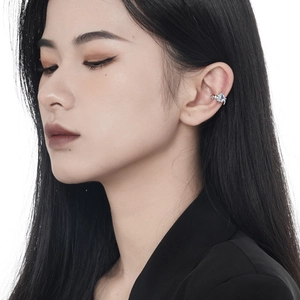 S925 sterling silver ear cuff with blue square zircon on model with dark hair