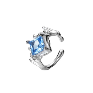 S925 sterling silver ear cuff with blue zircon stone and textured thorn-inspired design