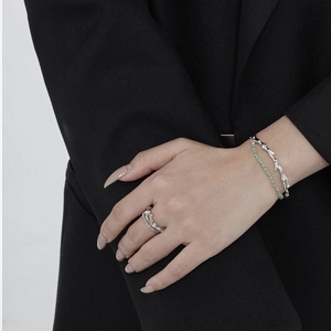 Bamboo style S925 silver bracelet and ring set with green aventurine beads on model