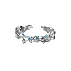 Irregular liquid silver ring with coral blue enamel in an open adjustable design