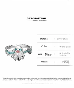 Macro shot of S925 silver ghost ring with blue enamel and sizing specifications table