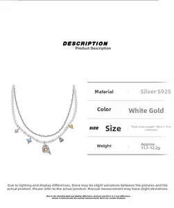 Detail of double-layer S925 silver necklace with pearls and colorful zircon pendants