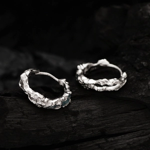 Irregular lava texture S925 sterling silver hoop earrings with a fluid metallic finish