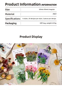 Macro shot of waterproof PET floral stickers with detailed specifications for scrapbooking