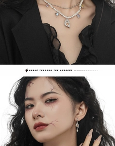 Detail of S925 silver necklace with pearls and colorful zircon pendants on a model