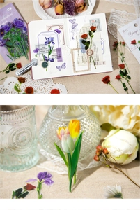 Detail of vintage floral PET stickers for scrapbooking featuring tulips and dried flowers