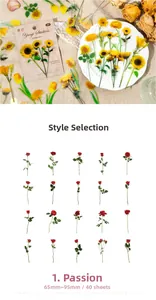 Detail of floral PET stickers showing 20 vintage red rose designs for scrapbooking