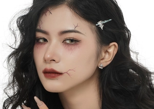 Detail of gothic dagger hairclip and earrings set on model with creative makeup