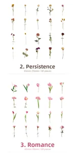 Detail of 40pcs vintage flower PET stickers showing persistence and romance themes