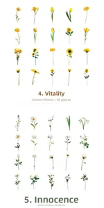 Detail view of 40 pcs floral PET stickers showing sunflowers and tulips for DIY journaling