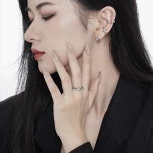 Irregular lava style S925 silver ear cuffs and ring with blue coral enamel on model