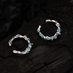 Irregular S925 silver ear cuffs with coral blue enamel in deep sea organic design