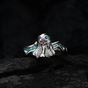 925 Sterling Silver Ghost Open Ring Teal Dripping Glue Enamel Cartoon Character Adjustable Finger Ring Gothic Jewelry For Women Men