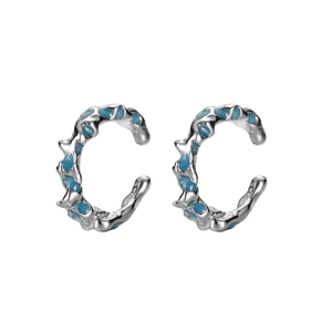 Irregular textured S925 sterling silver ear cuffs with coral blue enamel inlays