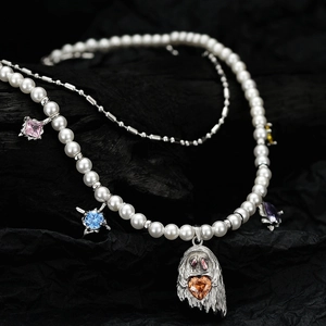 Layered Artificial Pearl Necklace 925 Sterling Silver Ghost Pendant Colorful Zircon Heart Star Gothic Sweet Cool Fashion Jewelry Women