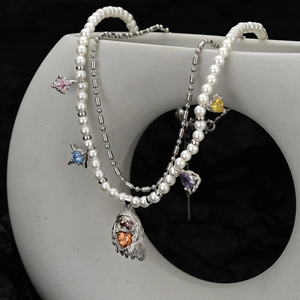 S925 sterling silver multilayer pearl necklace with colorful zircon and ghost pendant