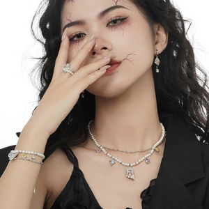 Gothic style S925 silver jewelry set with colorful zircon, pearls and heart charms