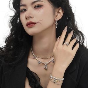 Ghost jewelry set with S925 silver, pearls and colorful heart zircons for Halloween