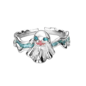 S925 sterling silver ghost ring with blue enamel eyes and wavy band design on white background