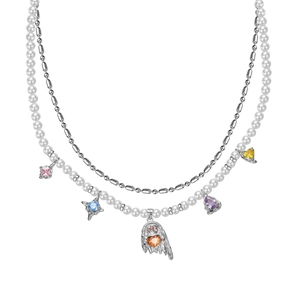 Double-layered S925 silver necklace with white pearls and colorful zircon ghost pendants