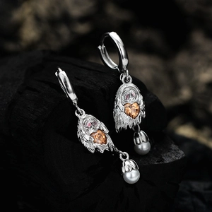 S925 sterling silver ghost earrings with orange heart zircon and white pearl drop