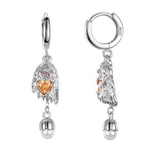 S925 silver ghost hoop earrings with orange heart zircon and white pearl drop accents