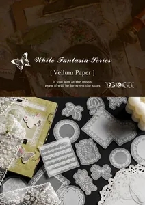 Macro view of vintage lace pattern stickers and translucent white ink vellum paper materials