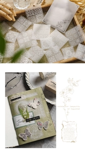 Makroaufnahme von Vintage-Spitzenaufklebern und Schmetterlingsmotiven für DIY-Journals und Scrapbooking