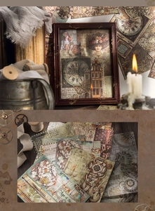 Detailweergave van vintage steampunk plakboekpapier met klokken, tandwielen en oude gravures