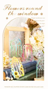 Close-up of PET stickers with 3D silver laser foil floral and window frame designs