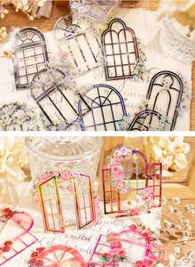Macro detail of vintage European window PET stickers with floral accents and laser gold foil