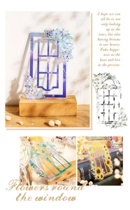 Macro detail of floral UV printing on vintage acrylic window decor with wooden base