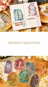 Macro detail of floral window PET stickers with decorative silver laser accents for DIY scrapbooking