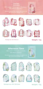 Detail of PET laser silver floral stickers for DIY journals with decorative window scenes