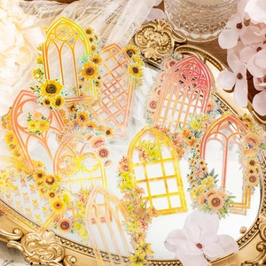 Vintage Window Floral PET Stickers Laser Holographic Decorative Decals For DIY Scrapbooking Journaling Supplies Art Crafts Stationery